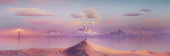 Sandman title card over a dreamlike landscape