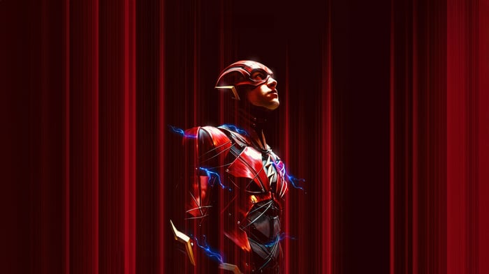 The Flash in a red and gold suit with lightning