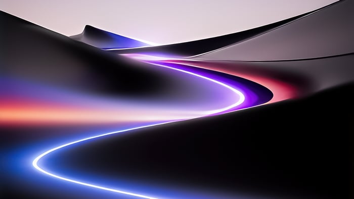 Neon light path through dark abstract mountains