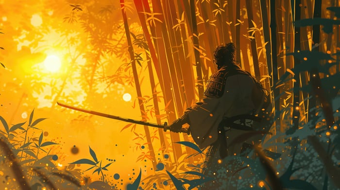 Samurai Warrior in Bamboo Forest at Sunset
