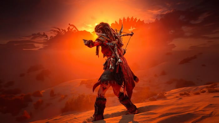 Horizon Forbidden West Aloy with Bow at Sunset