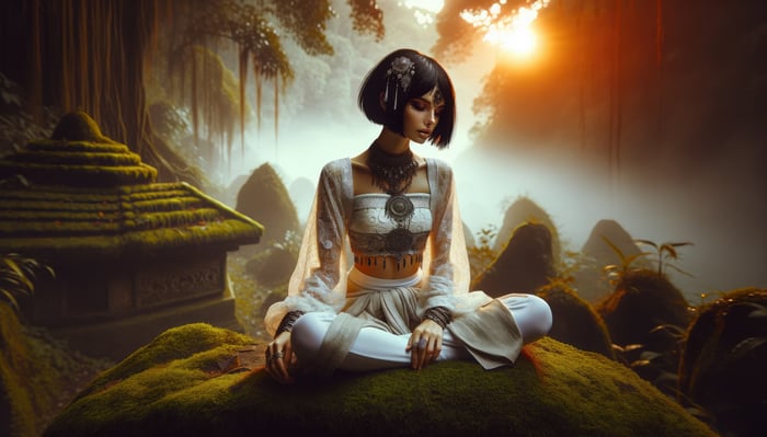 Girl meditating in a mystical forest