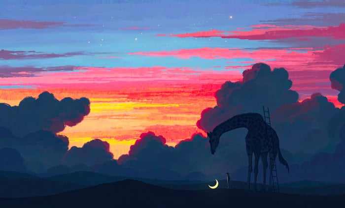 Giraffe and child under a colorful twilight sky