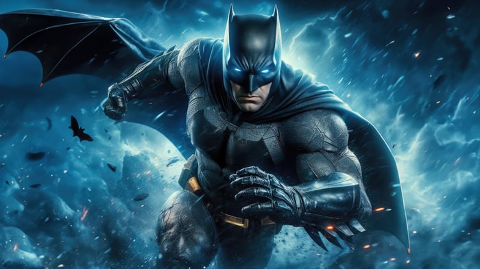Batman in a stormy blue city at night