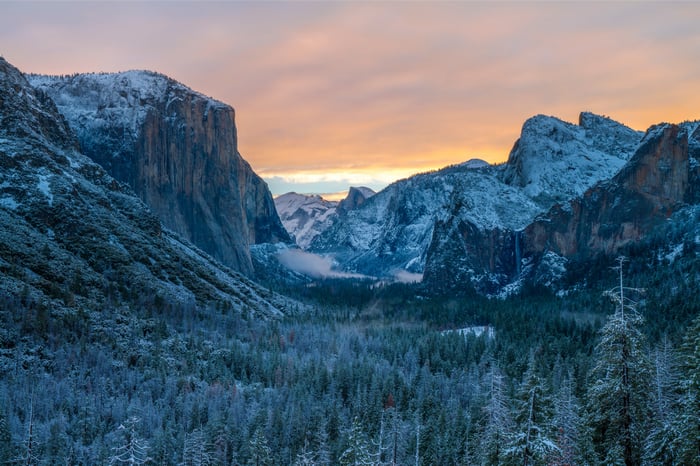 Yosemite Valley at Sunrise with Snow-Capped Mountains