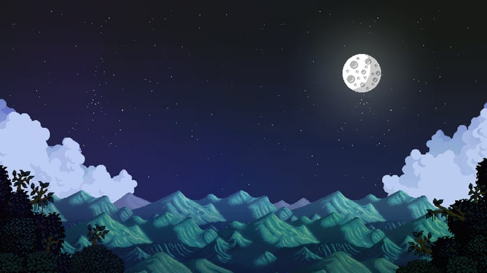 Pixel art valley under a starry night sky with moon