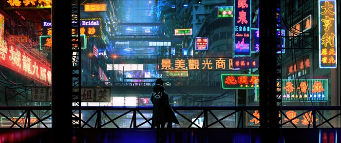 Scifi City Hong Kong with a person overlooking neon signs