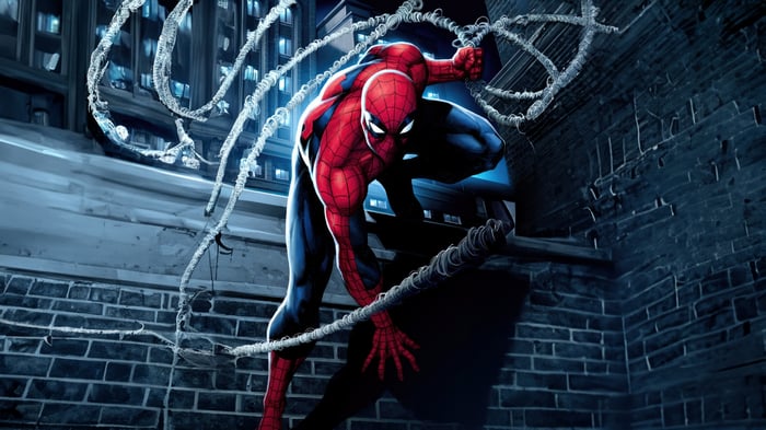 Amazing Spider-Man Swinging Through City at Night