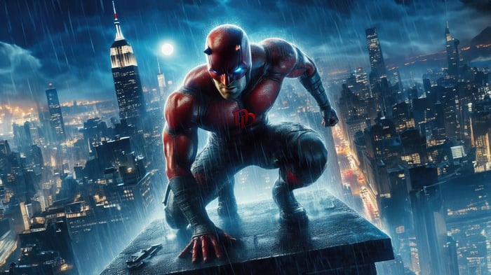 Daredevil Crouching on a Rooftop in the Rain