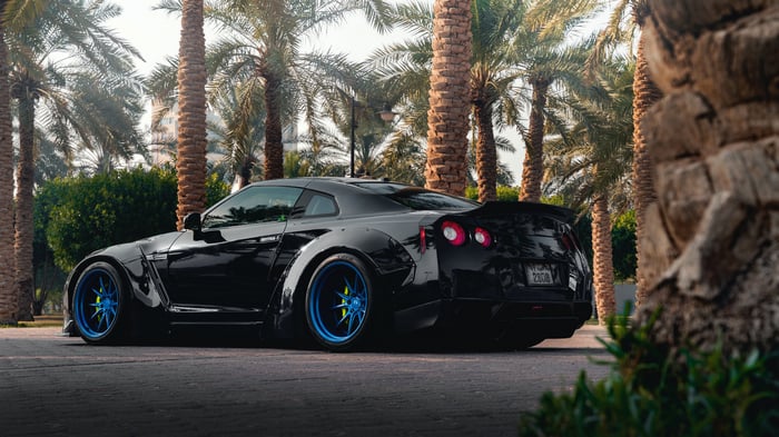 Black Nissan GTR with wide body kit