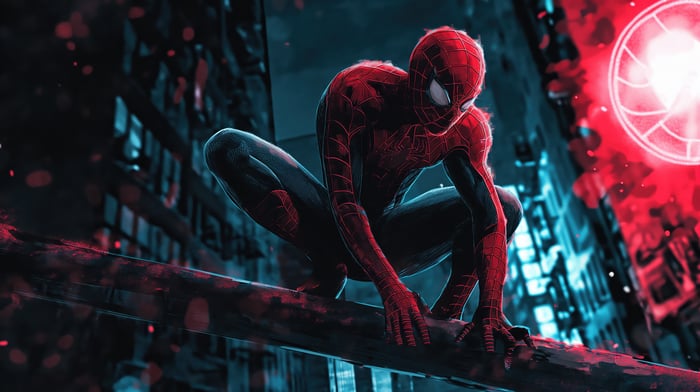 Spider-Man crouching on a beam in a city