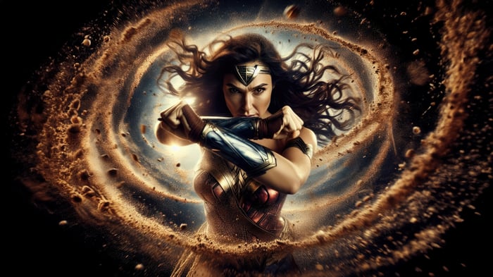 Wonder Woman in a swirling sand vortex