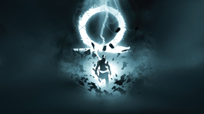 Kratos stands before the Omega symbol