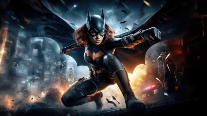Batgirl in a dark, stormy city