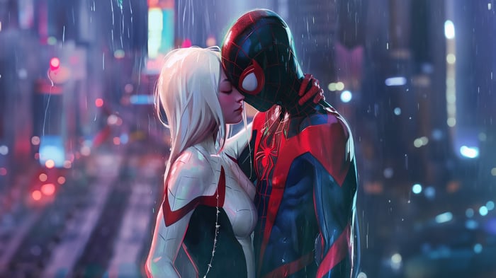 Gwen Stacy and Miles Morales in the rain