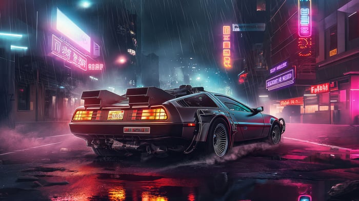 DMC DeLorean in a Cyberpunk City at Night