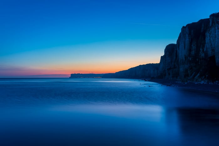Sunset over the sea cliffs in France