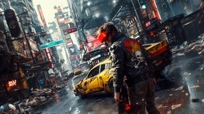 Cyberpunk street scene with a man and yellow car