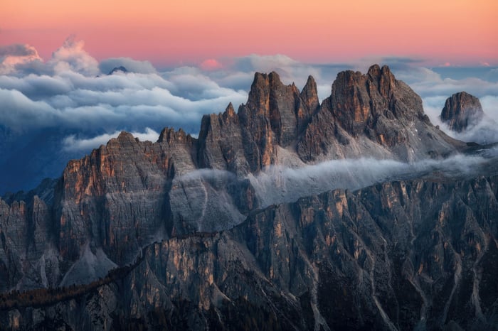 Aerial View of the Dolomites Mountains at Sunset