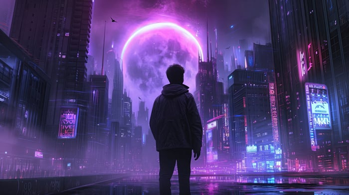 Cyberpunk boy in a sci-fi world with a large moon