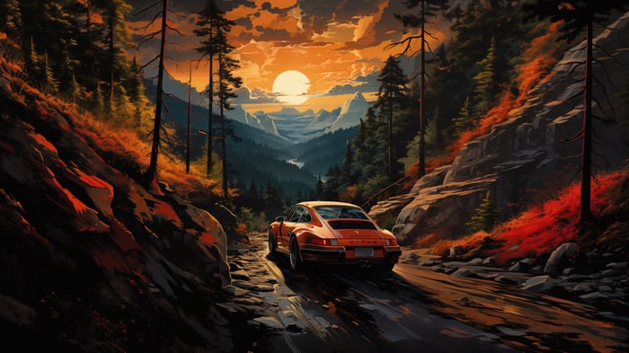 Orange Porsche drives through a mountain forest at sunset