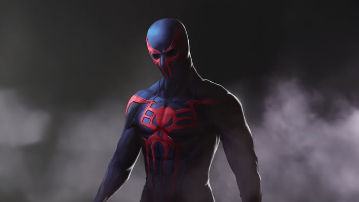 Spider-Man 2099 in a dark, smoky environment