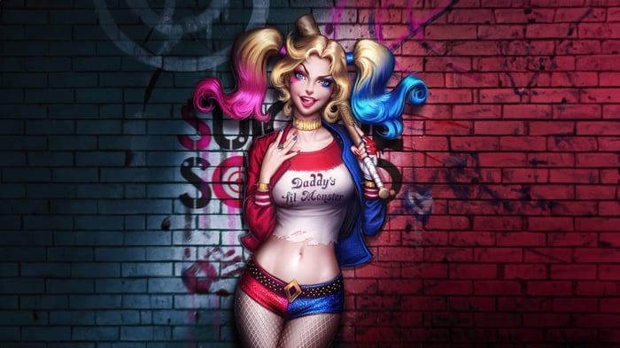 Harley Quinn with a baseball bat against a graffiti wall