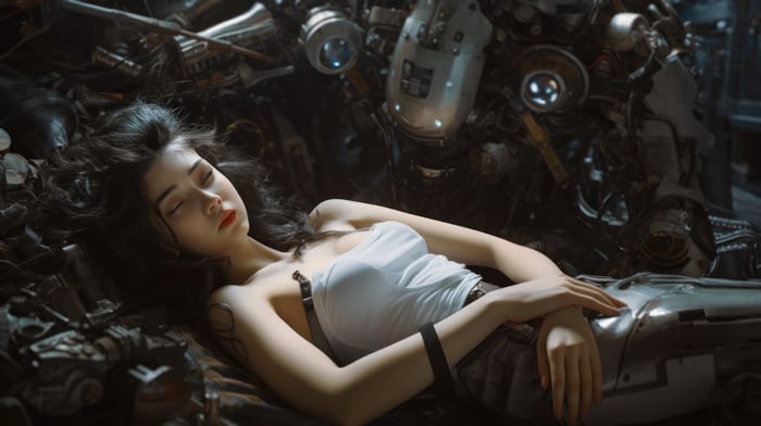 Cyborg Girl Sleeping Among Mechanical Debris