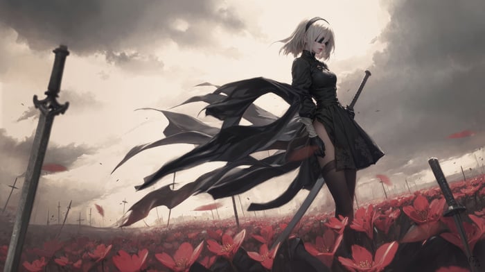 2B from Nier Automata in a field of red flowers