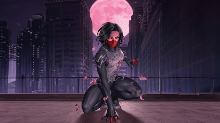 Silk Crouches on a Rooftop Under a Pink Moon