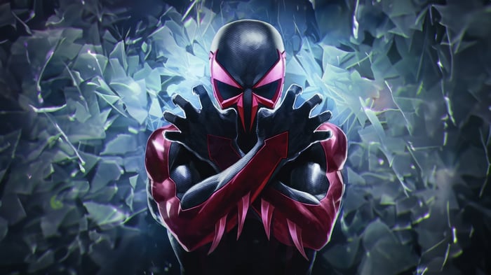 Spider-Man 2099 in front of shattered glass