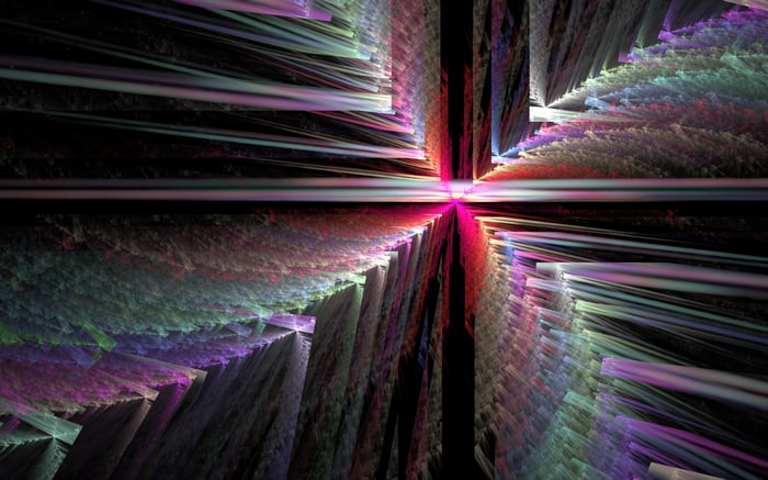 Abstract fractal with pink and green light beams
