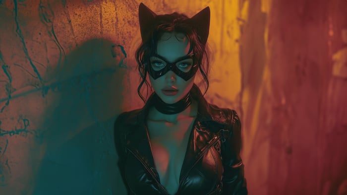 Catwoman in a black leather costume and mask