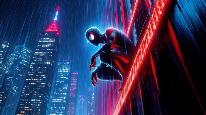 Spider-Man Crouching on a Building in the Rain
