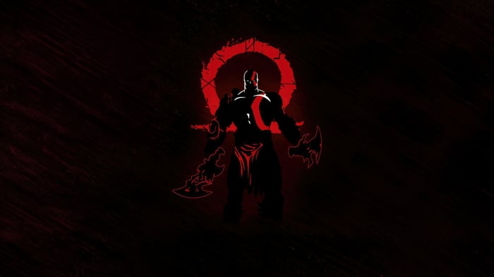 Kratos with Blades of Chaos and God of War symbol