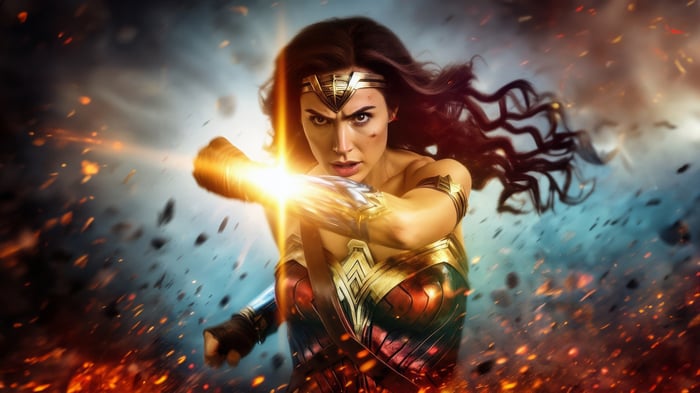 Wonder Woman in action with glowing fist