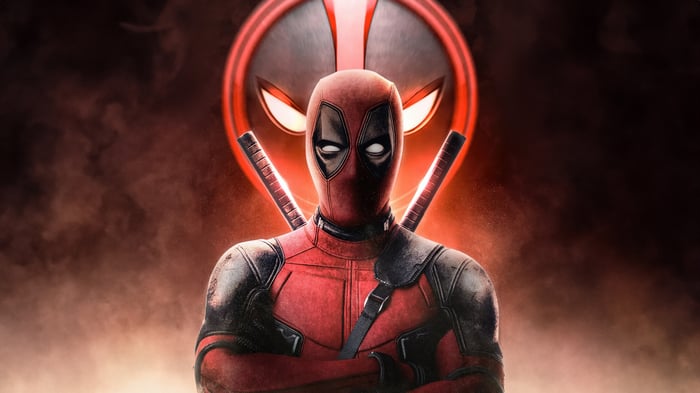 Deadpool with his logo and swords