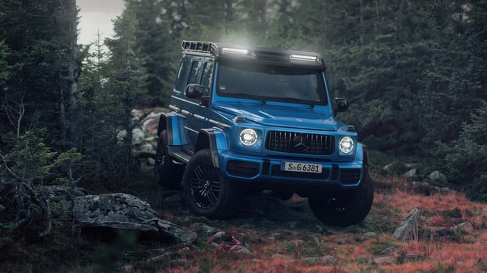 Blue Mercedes-AMG G63 4x4 off-roading in forest