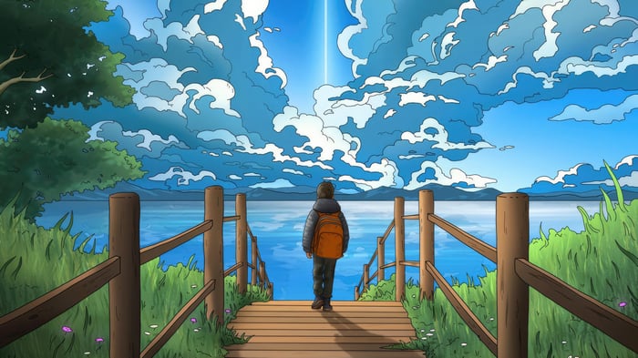 Boy with backpack walks on wooden bridge towards lake