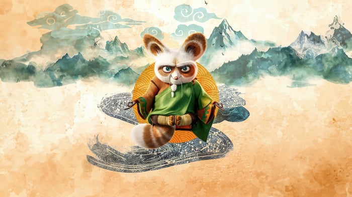 Master Shifu meditating in front of mountains