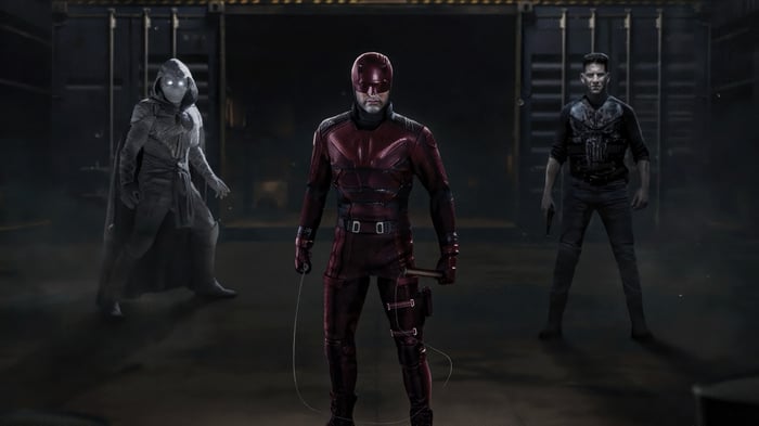 Moon Knight, Daredevil, and Punisher in a Warehouse