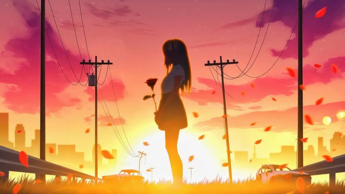 Girl Holding Rose at Sunset with Cityscape