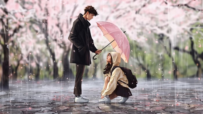 Couple sharing an umbrella in the rain