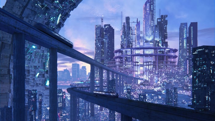 A Futuristic City with a Monorail System