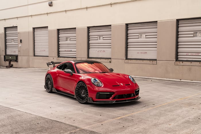 Red Porsche 992 GTS with Strasse Wheels
