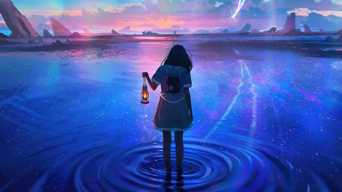 Girl holding lantern walking through stardust waters