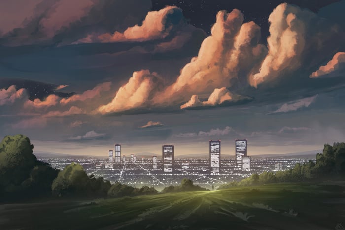 Cityscape at Dusk with Dramatic Clouds