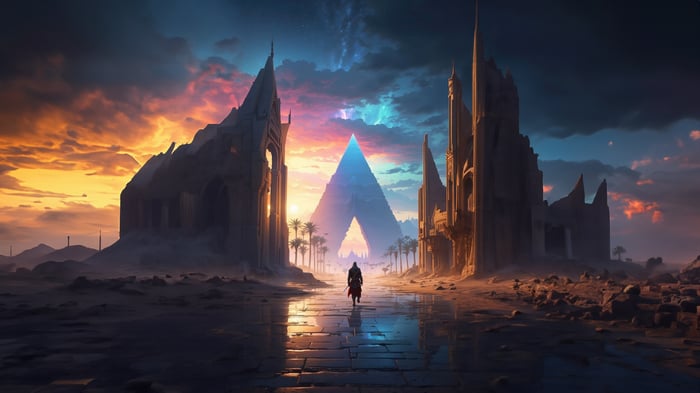 Assassin's Creed Legends: A lone figure walks towards a pyramid