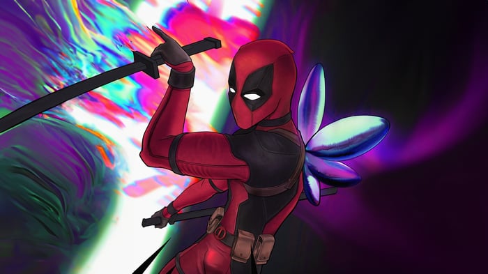 Deadpool with swords and fairy wings