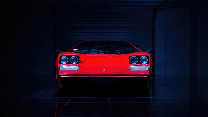 Red Lamborghini Countach in a Dark Garage